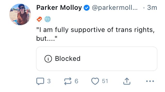 An image showing Parker Molloy’s post as viewed by me. ‘“I am fully supportive of trans rights, but…”’ Followed by a quote of the post which has been completely replaced by “Blocked.” 