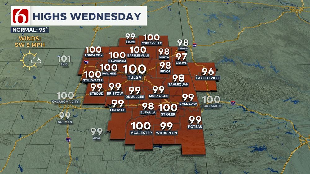 Graphic showing Wednesday's high temperatures. Pretty much everyone in eastern Oklahoma will be at or very close to 100 degrees.