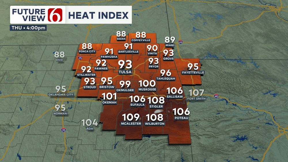 Graphic showing expected heat index values at 4 PM Thursday. A heat index in the mid 90s expected in Tulsa, with heat index values still well over 100 a few counties south of Tulsa.