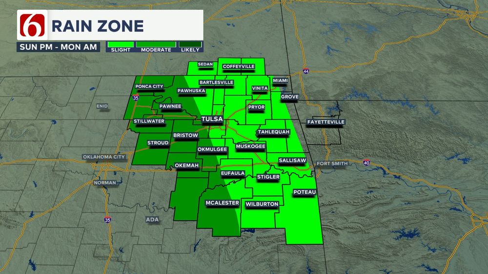 Graphic showing rain chances from Sunday through early Monday morning for eastern Oklahoma and surrounding areas.

Storm chances will be greater just west of Tulsa.