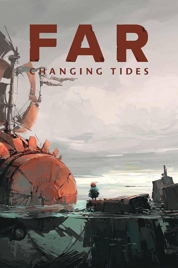 the cover art for FAR: Changing Tide. 

and ugly looking weird dilapidated ship floating by a wrecked half sunken town. a little figure can be seen on the roof of one of the sunken houses