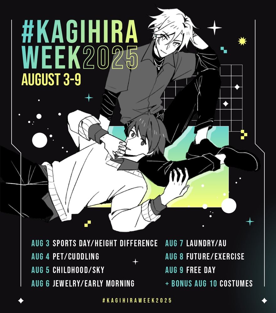 Aug 3: Sports Day/Height Difference
Aug 4: Pet/Cuddling
Aug 5: Childhood/Sky
Aug 6: Jewelry/Early Morning
Aug 7: Laundry/AU
Aug 8: Future/Exercise
Aug 9: Free Day
Bonus Aug 10: Costumes