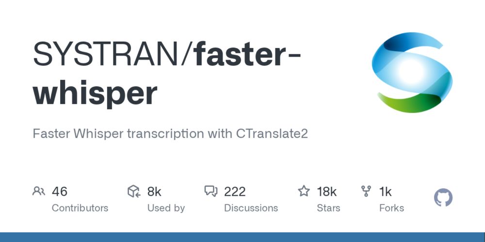 Faster Whisper transcription with CTranslate2. Contribute to SYSTRAN/faster-whisper development by creating an account on GitHub.