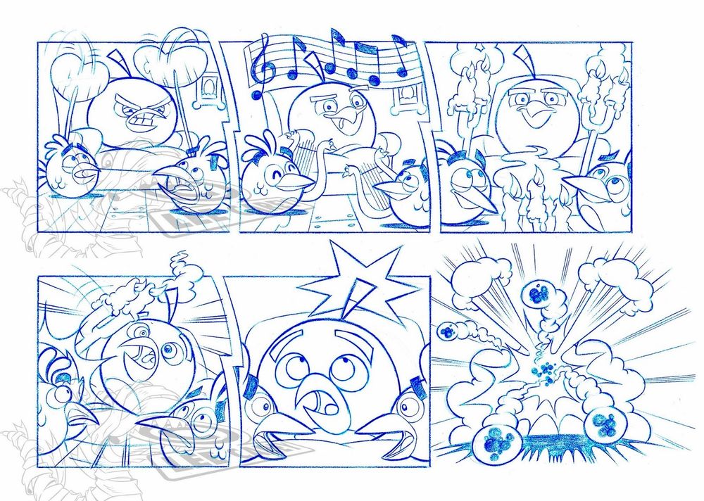 A page showing two Blues trying to calm down Bomb to prevent him from exploding, by performing activities such as fanning him, playing the harp and lighting candles, which gradually calm him down. Unfortunately, a candle then falls on his fuse, causing it to ignite as the two Blues look at eachother in fear before he blows up.