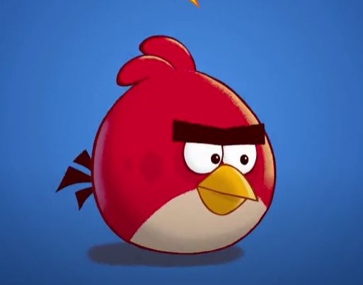 A frame from one of the "Angry Birds Facebook" promo animations, prominently featuring Red's "MK 3" rig. Note the smaller eyebrows, smaller pupils, and differently shaped head feathers as differences to the final "MK 3.9" rig.