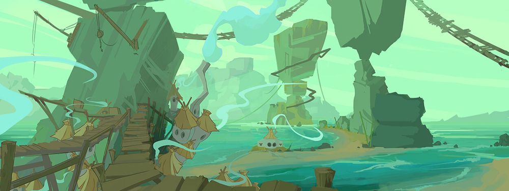 Environmental concept art by Petri Järvinen featuring a beach-like area with wonky looking bridges and pig houses.