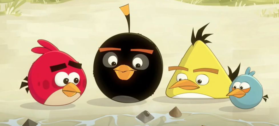 A frame from the Angry Birds "Tyrkisk Peber Volcano" advert, featuring the "MK 2" rigs of Red, Bomb, Chuck, and Blue respectively.