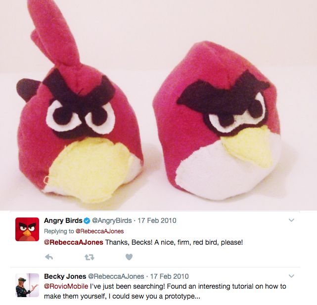 TOP: An image of the Red plush toys that Becky Jones stitched together and showed to Rovio online as examples of what an Angry Bird plush would look like.

BOTTOM: The conversation Becky Jones and Rovio had on Twitter back when she was making said plush prototypes.