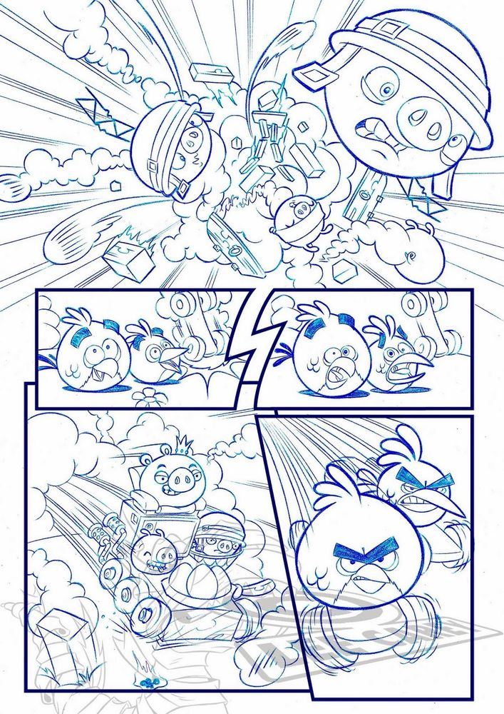 Another page showing a group of Helmet Pigs getting caught in an explosion (seemingly from Bomb in the previous page), with Red and the Blue celebrating, before noticing King Pig and a Helmet and Minion Pig driving through on a shoddy vehicle with the eggs, to which they both give chase on skateboards.
