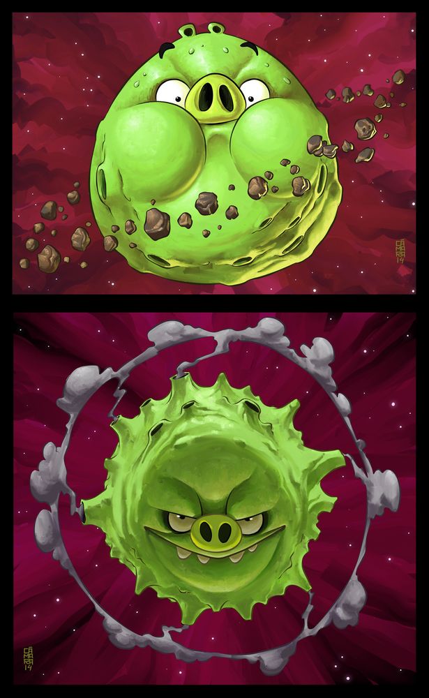 The concept art, depicting an egg-shaped pig planet with a nervous expression as asteroids orbit around it, with another image below it depicting a malicious looking pig planet with holes emitting smoke.