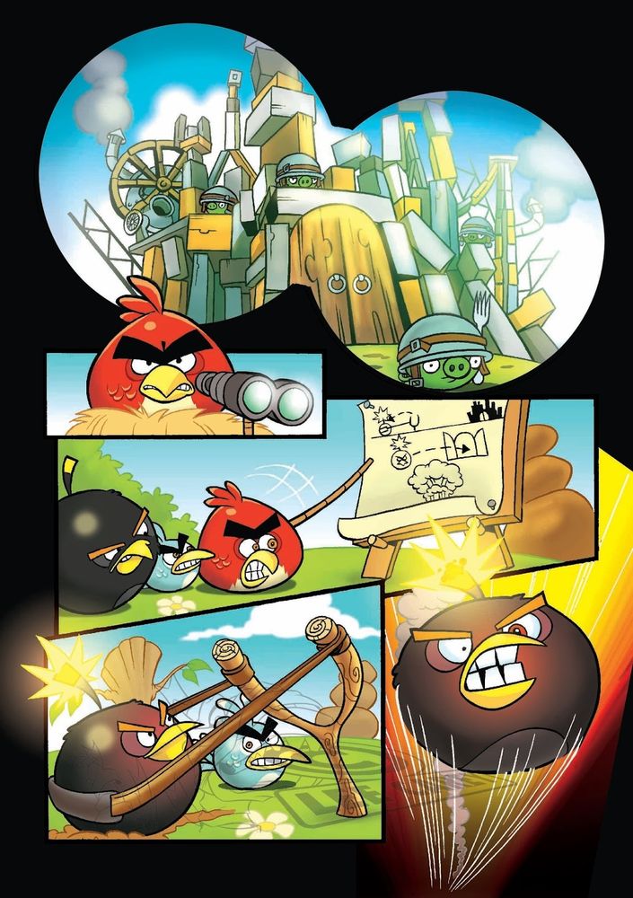 A page showing Red spying on a pig base with binoculars and then showing Bomb and a Blue the battle strategy, leading to Bomb pulling back and firing from the slingshot