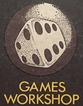 A Games Workshop logo from the early 1980s: a stippled six-sided die bulges out of a circle towards the viewer, showing sides 4 and 6. Text below reads GAMES WORKSHOP