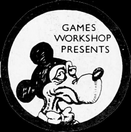 The first Games Workshop logo. A dour-faced cartoon dog-man looks out of a black circle at the viewer. Letters above his head read GAMES WORKSHOP PRESENTS