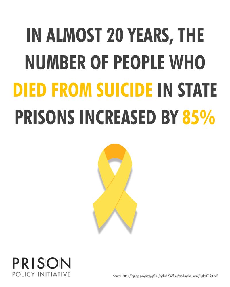 Infographic with text: In almost 20 years, the number of people who died from suicide in state prisons increased by 85% 