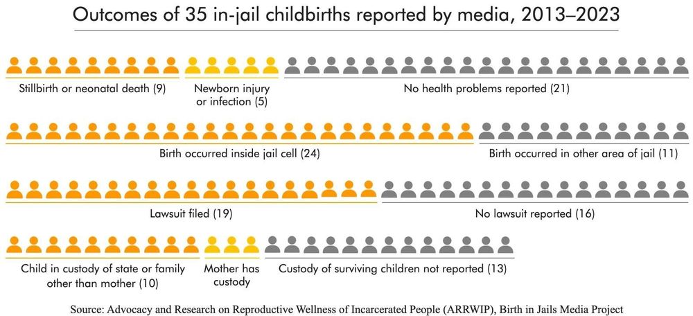 Infographic showing that most of the 35 births in jails that were documented by news over 10 years took place inside a jail cell. 