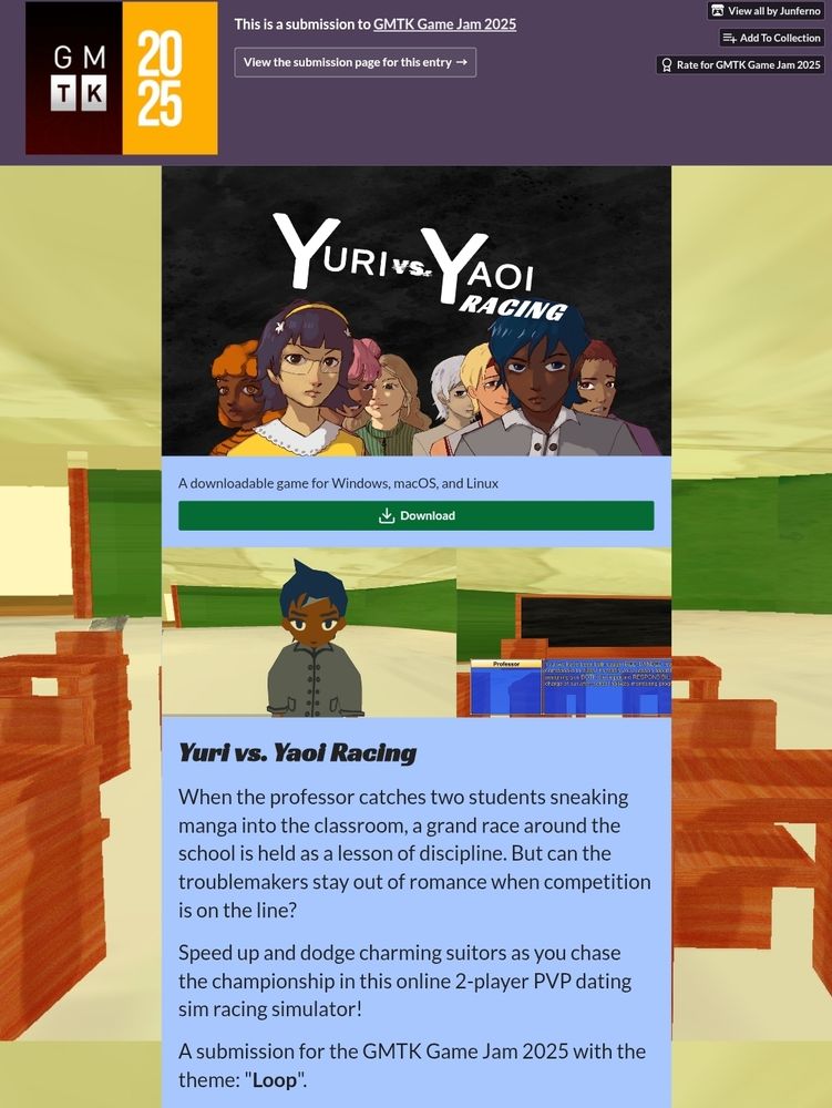 Itch game submitted to GMTK Game Jam 2025 titled "Yuri vs. Yaoi Racing"