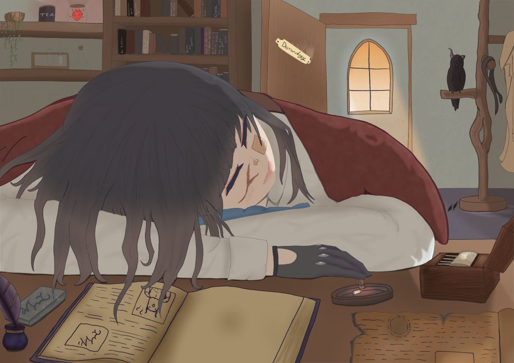 Sleeping Researcher of Demonology in her study at Dawn. A bird watches over her with her journal documenting her recent trip laid out before her. A cigarette burns on the table infront of a burnt scroll and a music box sits beside her with a half empty book shelf behind her. 