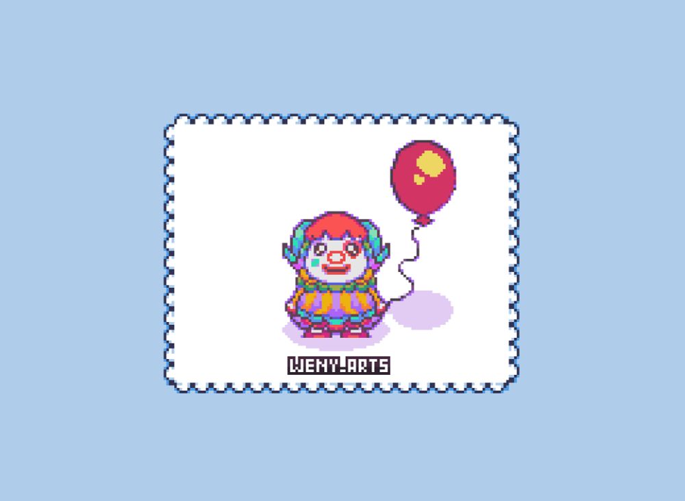 Pietro from animal crossing(Pietro is a colorful sheep resembling a clown, with a white face, small black eyes, a red nose, and thick red lips. He has teal and baby blue striped horns, a pink heart around his left eye, a blue tear under his right, and pink and red hooves.) holding a red ballon