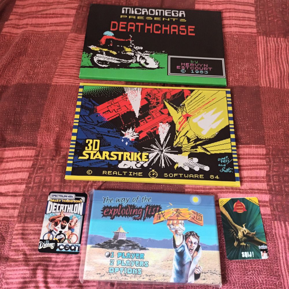 Deathchase, 3D Starstrike and Way Of The Exploding Fist canvases along with Daley Thompson and ... umm... Sqij fridge magnets.