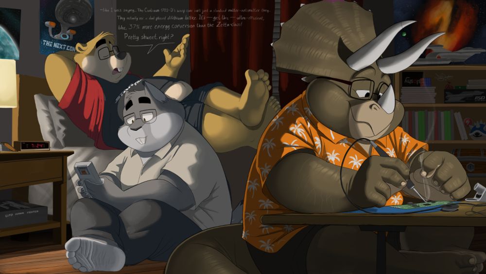 Anthropomorphic triceratops, squirrel, and gopher all hanging out in a bedroom in the evening, lit up by lamps, all fat and doing their own thing. Gopher lays sprawled on the bed rambling about starships, the squirrel sits cross-legged on the floor playing his handheld, and the triceratops sits at the desk, soldering into a circuit board. 
