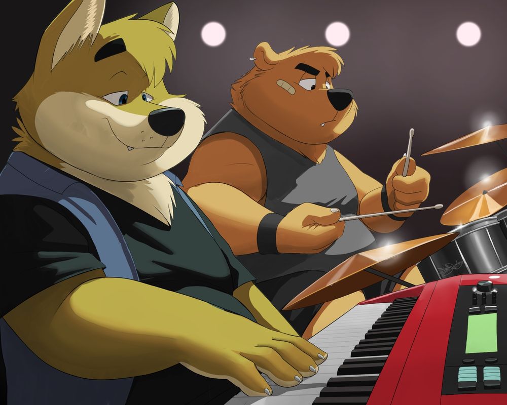 Anthro wolf-fox hybrid playing his red keyboard while a grumpy bear with a bandaid plays the drums in the back. 