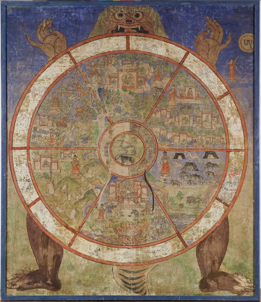 A Buddhist painting centered on a large circle divided into six sections like spokes of a wheel. In each section are small figures, human, animal, and various non-humans. At the center are representations of poisons and their effects. The diagram is superimposed on the front of a humanoid figure with bulging eyes and a fanged mouth.