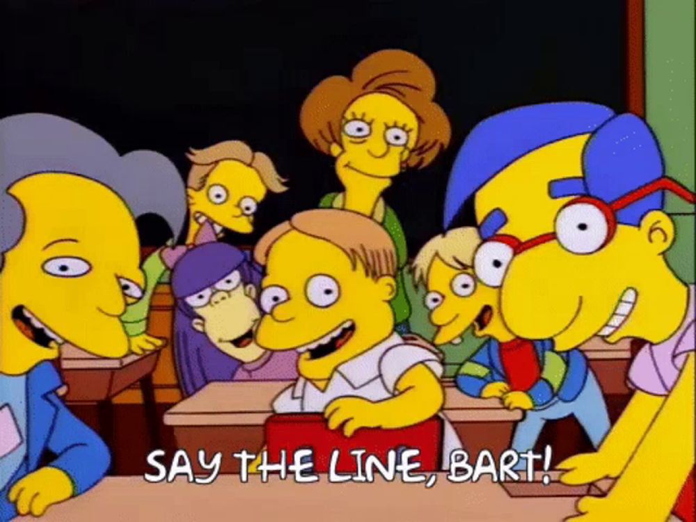 a group of cartoon characters are sitting at desks in a classroom and one of them says say the line bart .