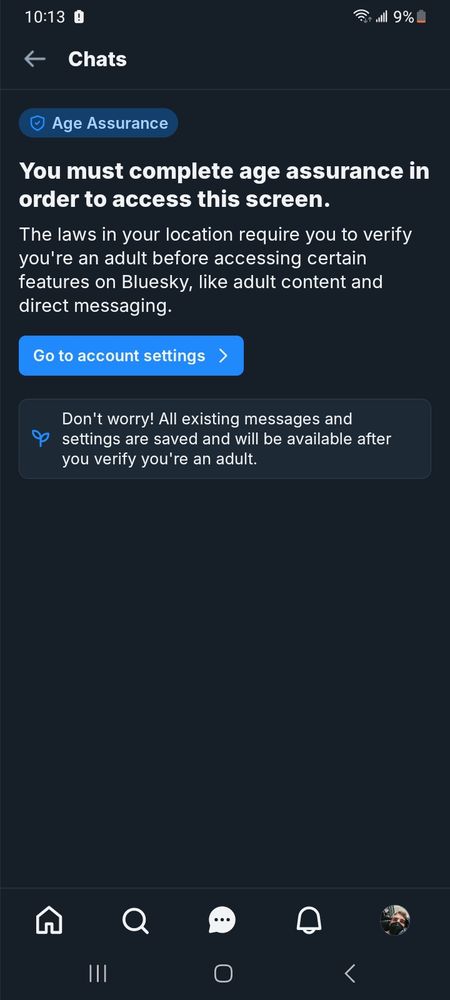 Mandatory age verification requirement notice where my chats should be.