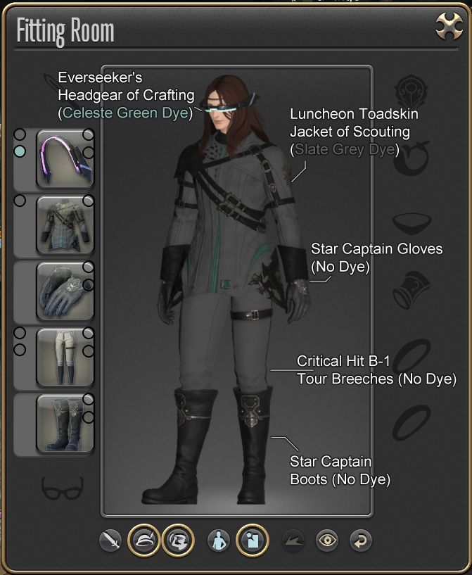 Dr. Arctinae in "Medical Researcher" Attire:
- Everseeker's Headgear of Crafting (Celeste Green Dye in 2nd slot)
- Luncheon Toadskin Jacket of Scouting (Slate Grey Dye in 1st slot)
- Star Captain Gloves (No Dye)
- Critical Hit B-1 Tour Breeches (No Dye)
- Star Captain Boots (No Dye)