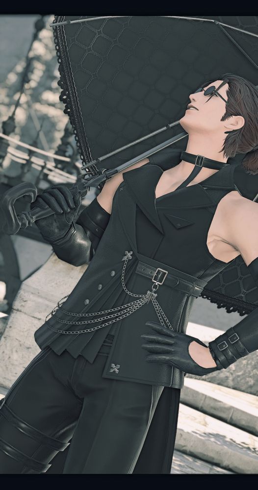 Dr. Arctinae, the pale hyur with auburn hair, is dressed head to toe in a black and leathery ensemble with a lattice pattern parasol. He is standing in Limsa, shading himself from the sun.