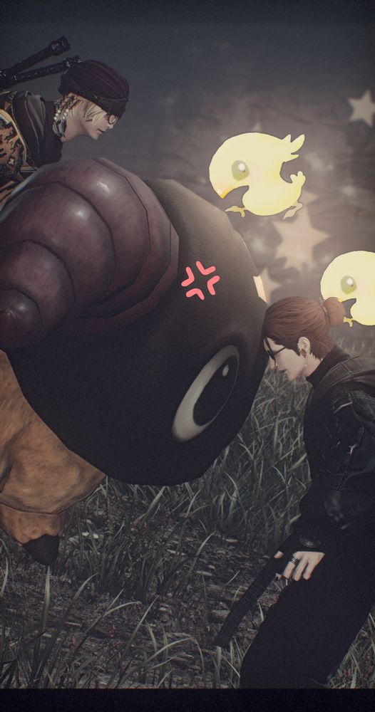 Bumble (on the left) the pale miqo'te with blond hair and ribbons clothed in robes and a hat sits atop his Yan, a great and mighty sheep spirit, who is booping Dr. Arctinae, the pale hyur with auburn hair in a leather ensemble, on the head.