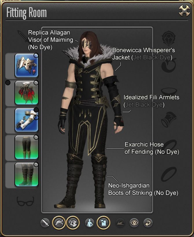 Dr. Arctinae in "The Moth" Attire:
- Replica Allagan Visor of Maiming (No Dye)
- Bonewicca Whisperer's Jacket (Jet Black Dye)
- Idealized Fili Armlets (Jet Black Dye in 1st slot)
- Exarchic Hose of Fending (No Dye)
- Neo-Ishgardian Boots of Striking (No Dye)
