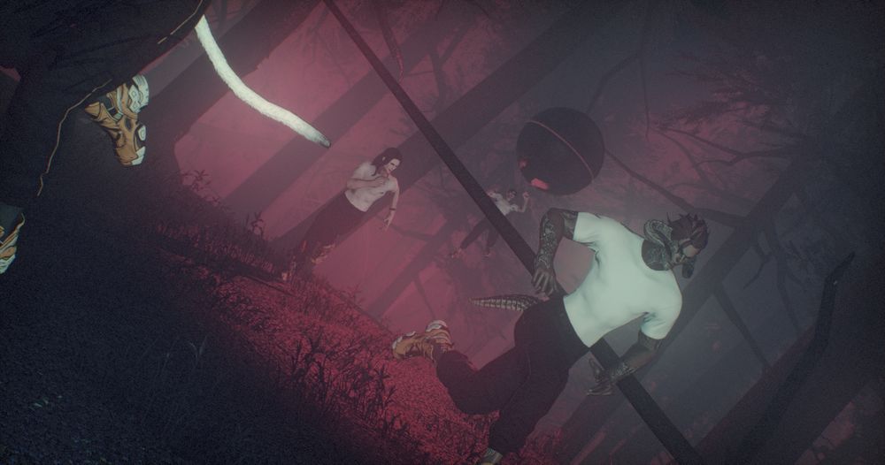Four men in similar outfits through a foggy, wooded area, bathed in pinkish red light while trying to outrun a large mechanical orb.