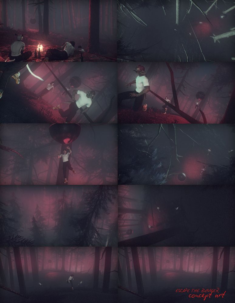 Several shots of four men in similar outfits (white t-shirt, black pants & running shoes) through a foggy, wooded area, bathed in pinkish red light while trying to outrun a large mechanical orb.

Words on image reads: "Escape the bunker concept art".