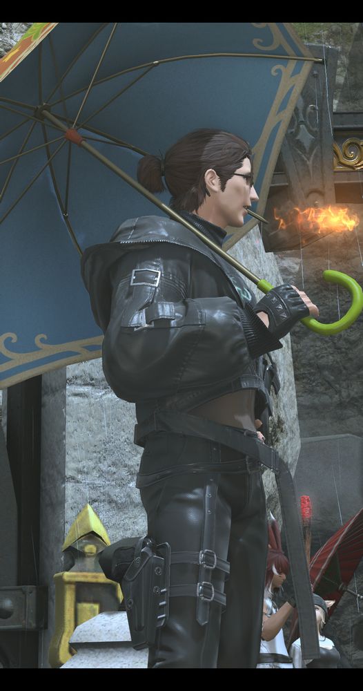 Dr. Arctinae in Limsa with a player holding a lit torch behind him but the flames are coming out of his mouth.