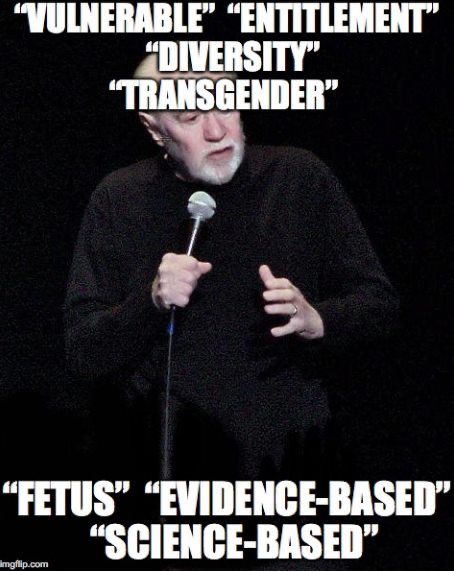 A photo of George Carlin, dressed in all black against a black background, holding a microphone doing standup comic. words/terms on the photo: Vulnerable Entitlement Transgender Fetus Evidence-based Science-based