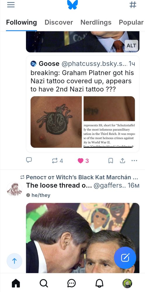 скриншот блюская с двумя одинаковыми цитатами про буша и башни на скит о второй нацистской татуировке платнера