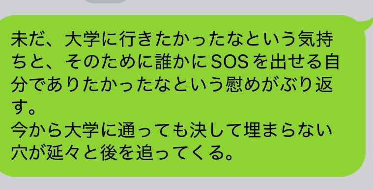 未だ、大学に行きたかったなという気持ちと、そのために誰かにSOSを出せる自分でありたかったなという慰めがぶり返す
今から大学に通っても埋まらない穴が延々と後を追ってくる