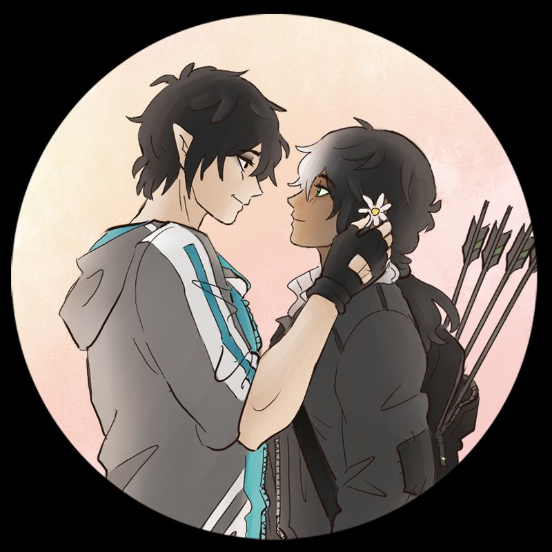 Medallion-sized illustration of two boys exchanging a loving glance, one tucking a flower into the other's hair.