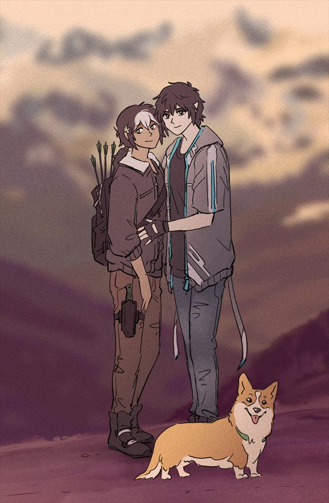 Sepia-toned illustration of Jolan & Thomas, standing close together in front of a mountain, with their dog Milo at their feet. They are smiling and looking at the person taking the picture. 
