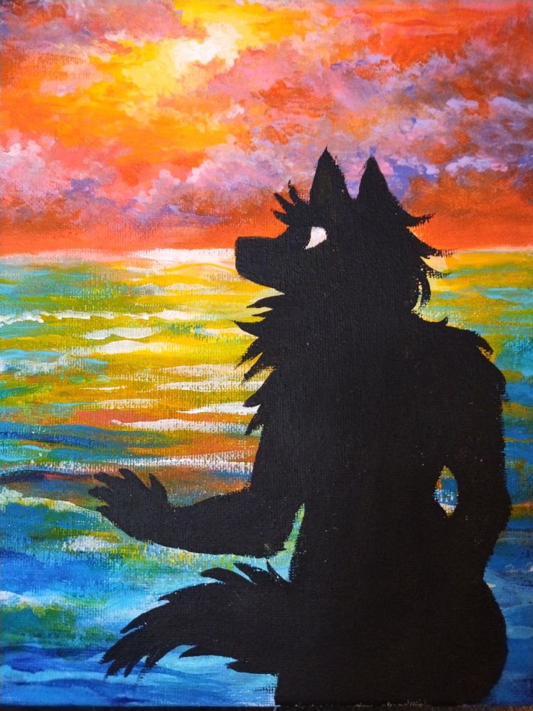 A work-in-progress painting of a colorful sunset with tall clouds and backlit ocean waves. A solid black anthro wolf stands in the foreground, watching the sunset.