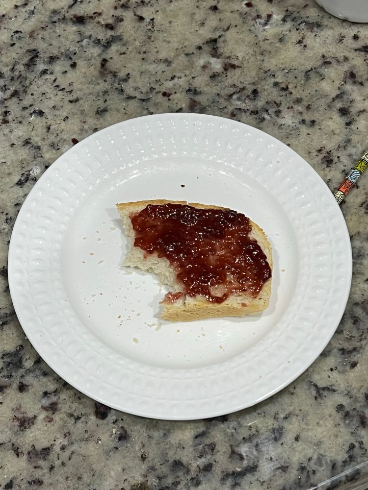 A slice of sourdough bread with jam on a white plate 