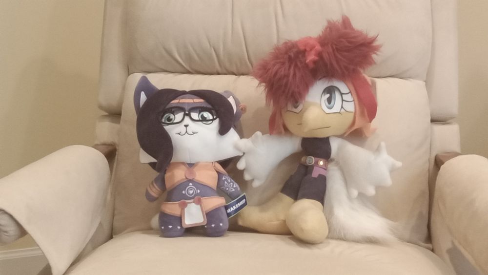 Image of a Plush Krystal from Star Fox (Here known as Krystelle) with a Custom plush of Tart (In hen form) from Juuni Senshi Bakuretsu Eto Ranger