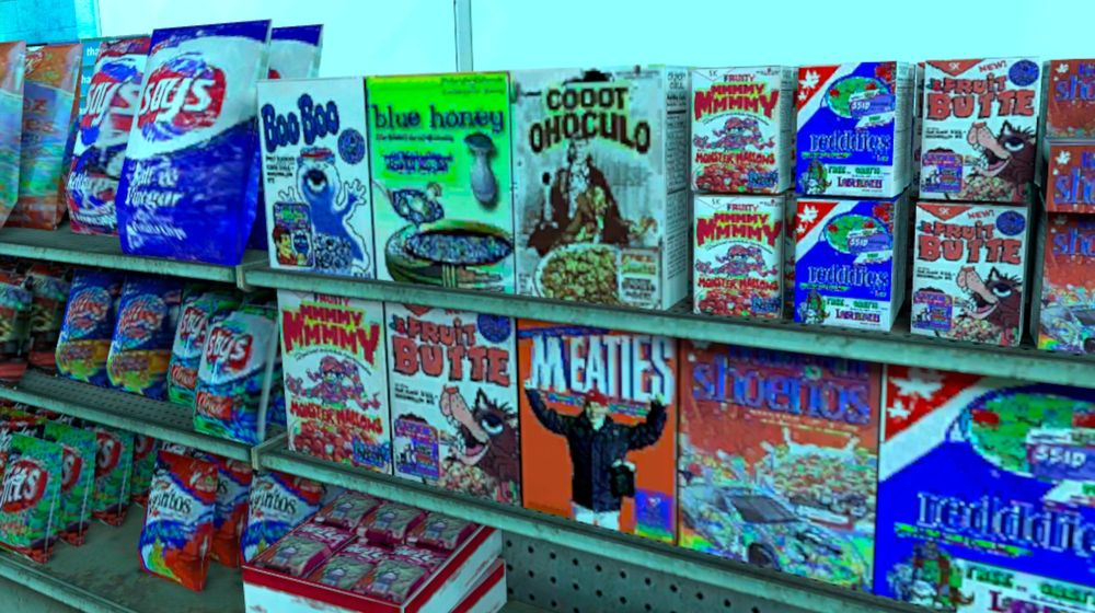 fake cereals boo boo, blue honey, count ohoculo, meaties, storrios, fruit butte, mmmmy mmmy, by fake bags of chips.