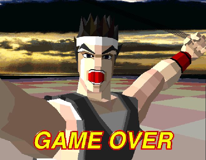 virtua fighter blocky guy with arms raised text says game ove background is cloudy dark sky