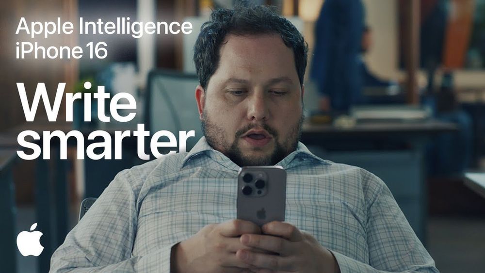 Apple Intelligence iPhone 16 write smarter shows bumbling idiot in office struggling to communicate in a short message