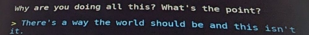 Computer terminal says why are you doing all this? What's the point? Reply is there's a way the world should be and this isn't it.
