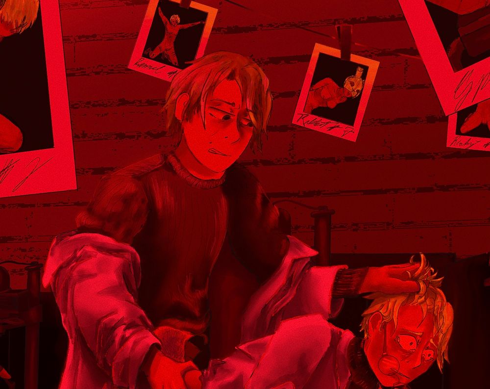A red monochromatic digital drawing of two clothed people having sex in a photography dark room. The bottom is forcibly bent over a table (out of frame) with his head being held up by the hair and forced to look at something. Multiple developed images hang above the pair, all of the same person in various positions with varying injuries. 