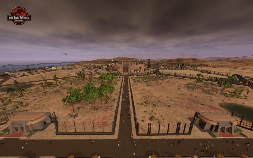 Screenshot of the view from the entrance of my Jurassic Park: San Diego from Jurassic World Evolution 2