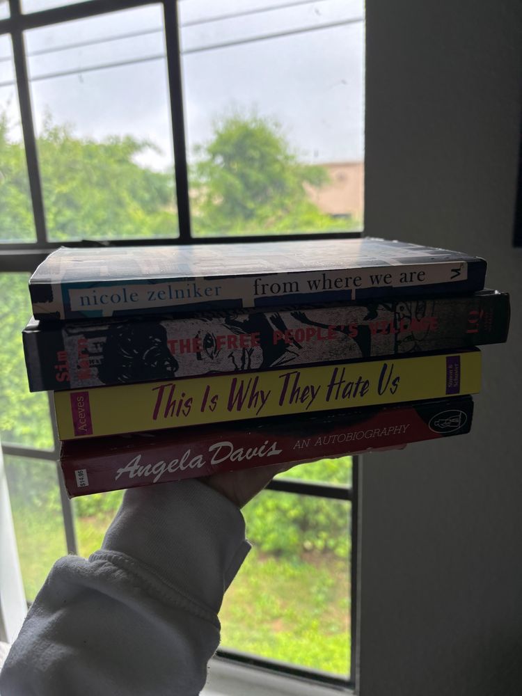 Books include: From Where We Are by Nicole Zelniker, The Free People's Village by Sim Kern, This Is Why They Hate Us by Aaron Aceves, and Angela Davis: An Autobiography